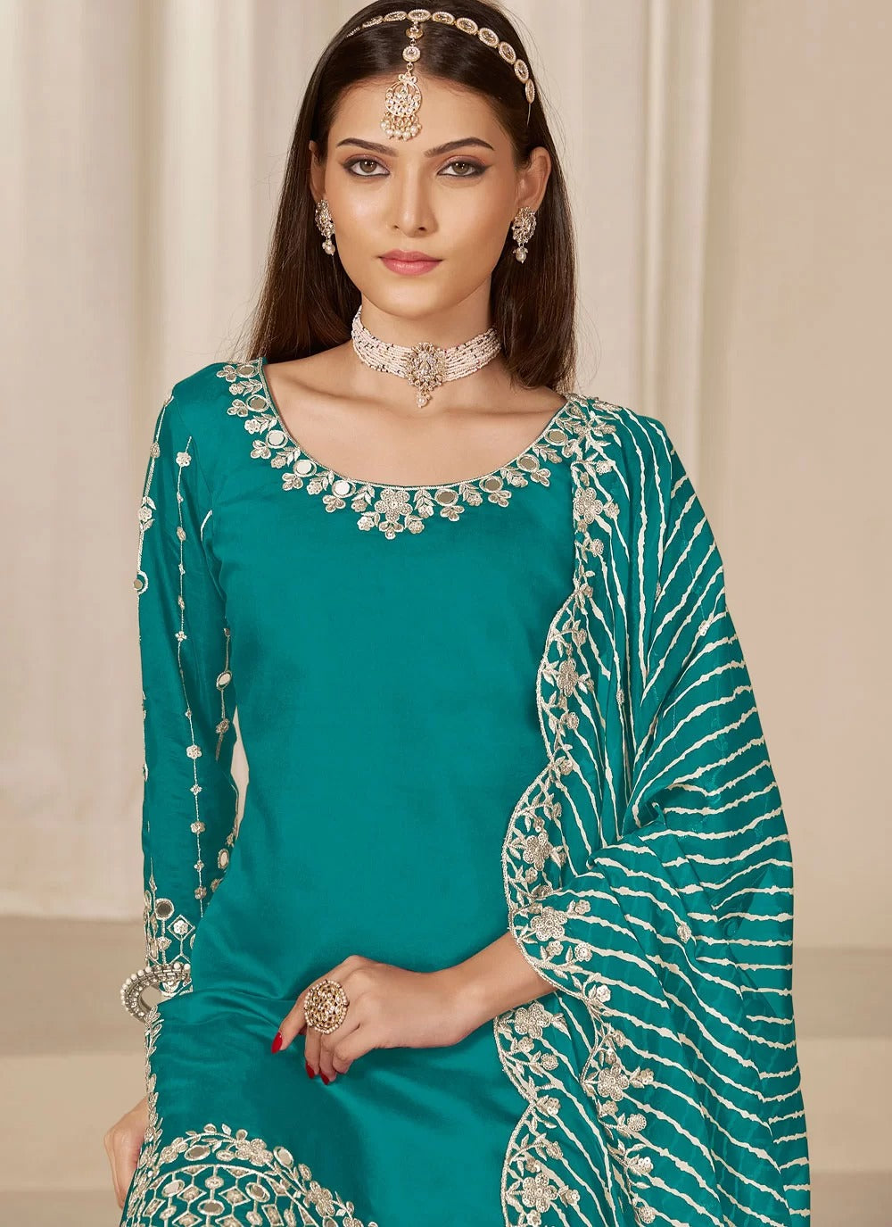 Rama Punjabi suit set for women in Chanderi silk with mirror embroidery and organza dupatta