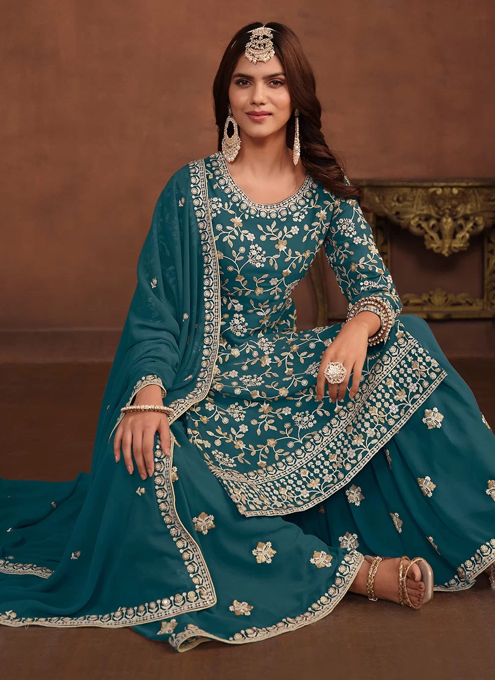 Rama Faux Georgette Heavy Embroidered Sharara Style Dress For Women Unstitched Rama Faux Georgette Heavy Embroidered Sharara Style Dress For Women Unstitched