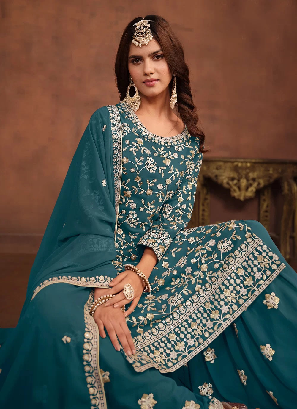 Rama Faux Georgette Heavy Embroidered Sharara Style Dress For women – Gunj  Fashion