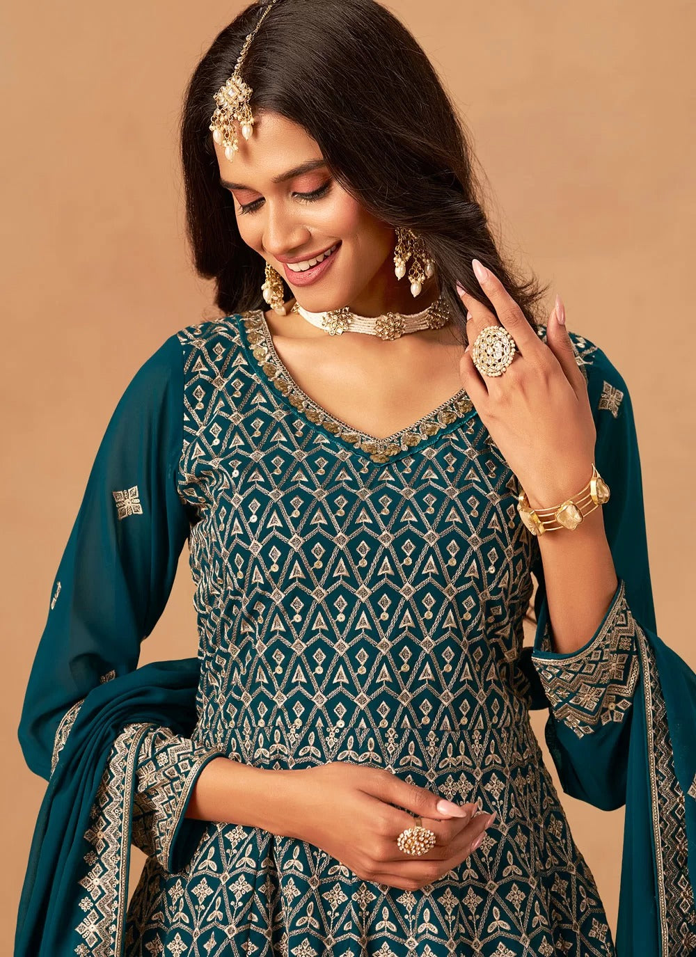 Elegant Rama Faux Georgette Embroidered Palazzo Salwar Kameez Set