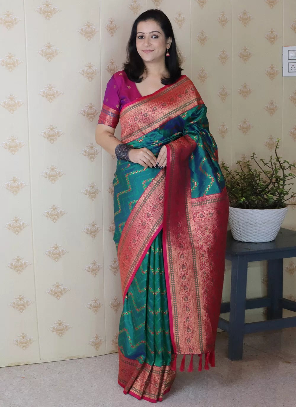Designer Banarasi Silk Saree in Rama Green | Soft Silk Zari