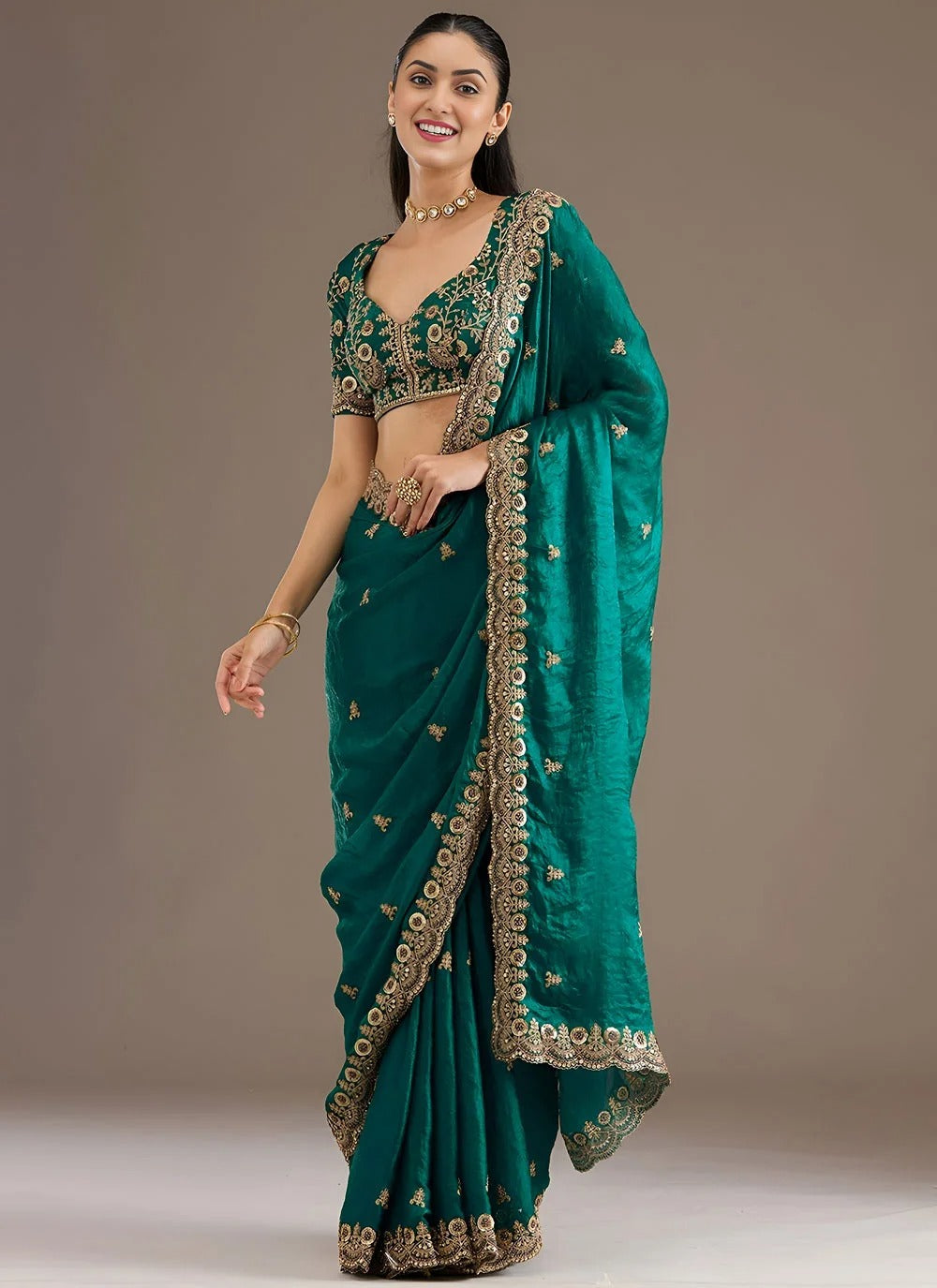 Premium Rama Green Embroidered Tissue Saree
