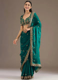 Premium Rama Green Embroidered Tissue Saree