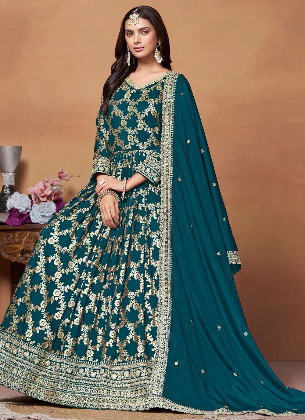 Rama Green Dola Jacquard Zari Work Trendy Indian Anarkali Suit