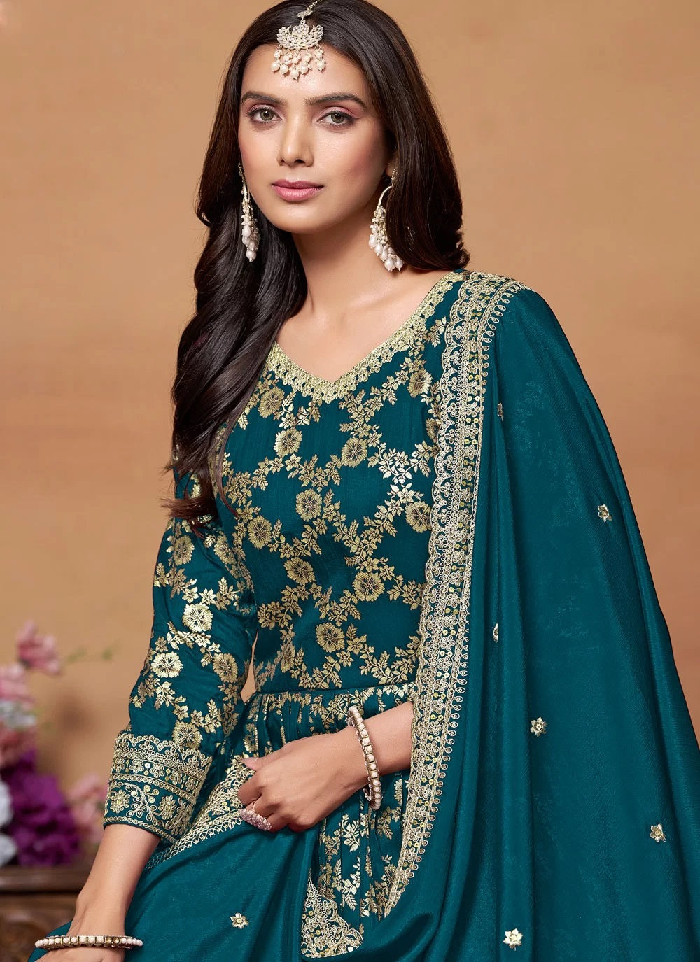 Rama Green Dola Jacquard Zari Work Trendy Indian Anarkali Suit