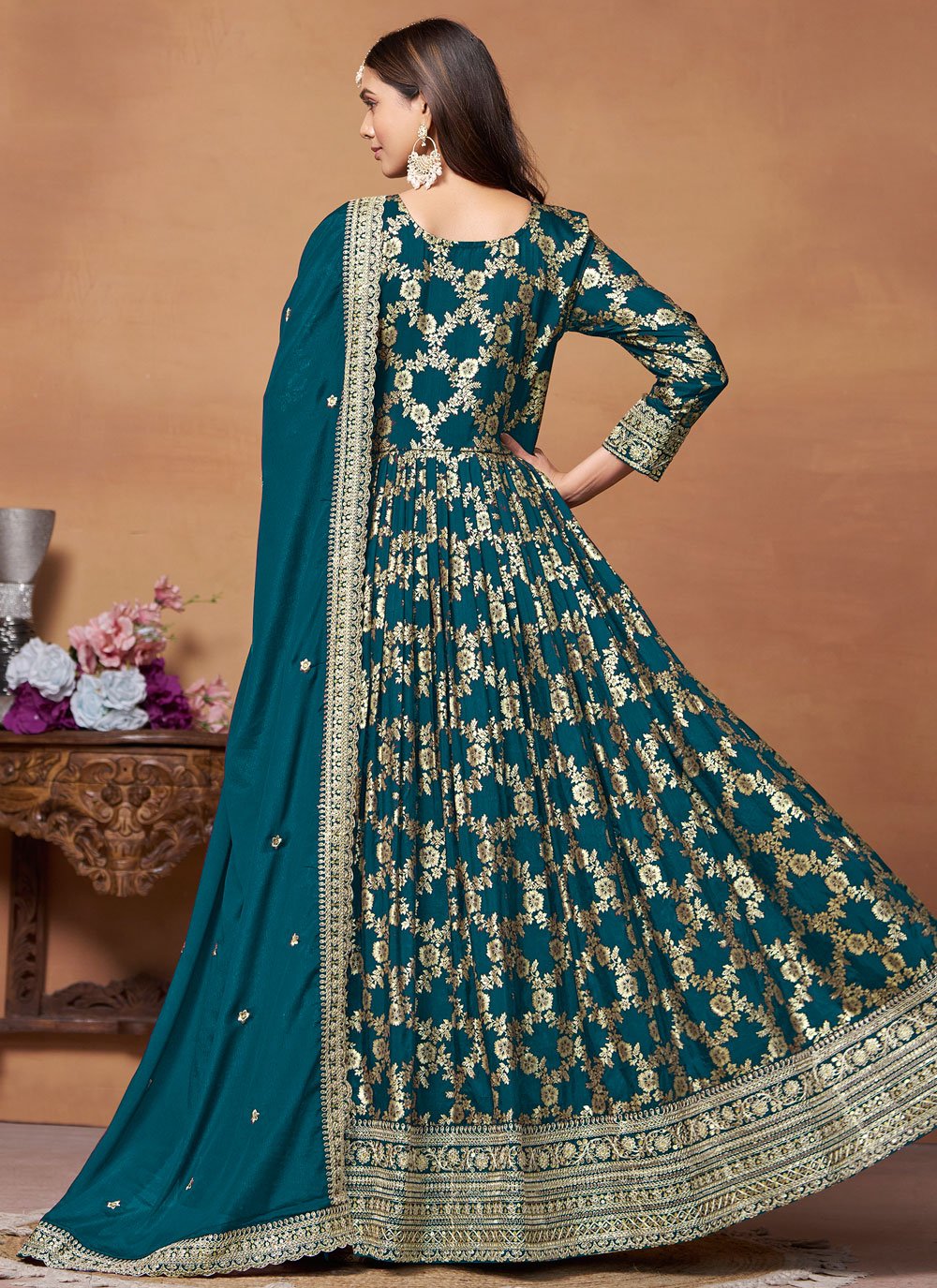 Rama Green Dola Jacquard Zari Work Trendy Indian Anarkali Suit