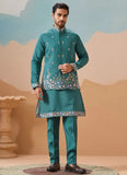 Men wedding koti kurta set in Rama Green viscose silk