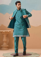 Royal Rama Green Men Wedding Koti Kurta Set in Viscose Silk