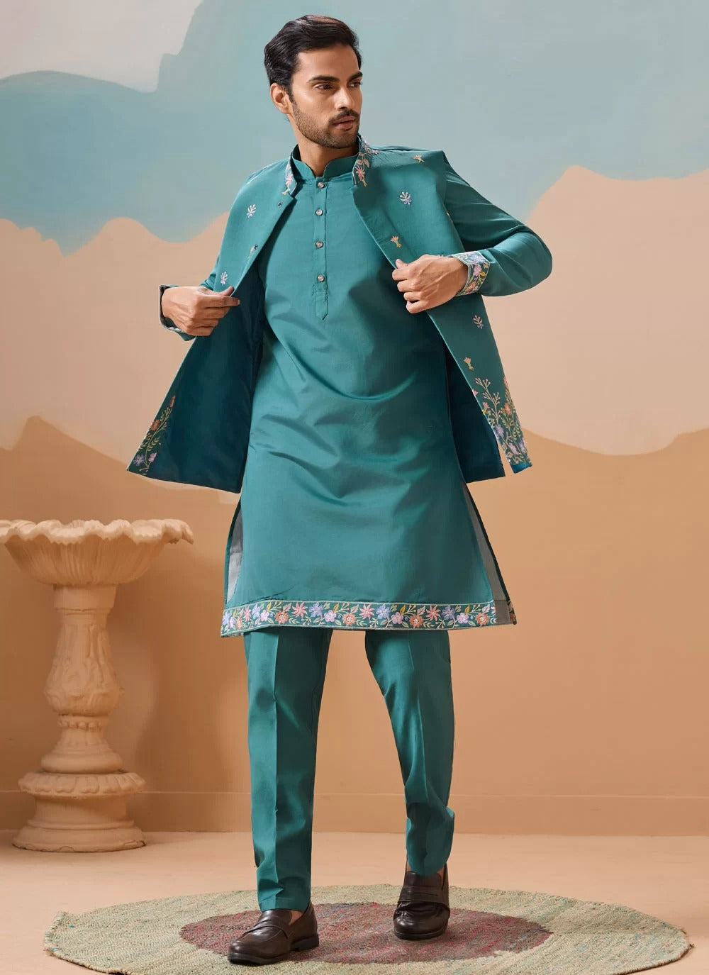 Men Wedding Koti Kurta Set | Rama Green Viscose Silk Outfit