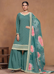 Rama Green Roman Silk Sharara Suit with Gota Patti Work