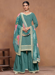 Rama Green Roman Silk Sharara Suit with Gota Patti Work