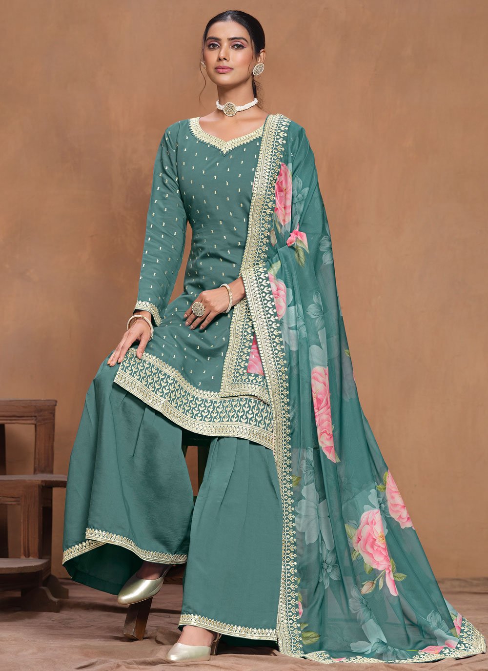 Rama Green Roman Silk Sharara Suit with Gota Patti Work