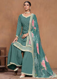 Rama Green Roman Silk Sharara Suit with Gota Patti Work
