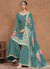 Rama Green Roman Silk Sharara Suit with Gota Patti Work