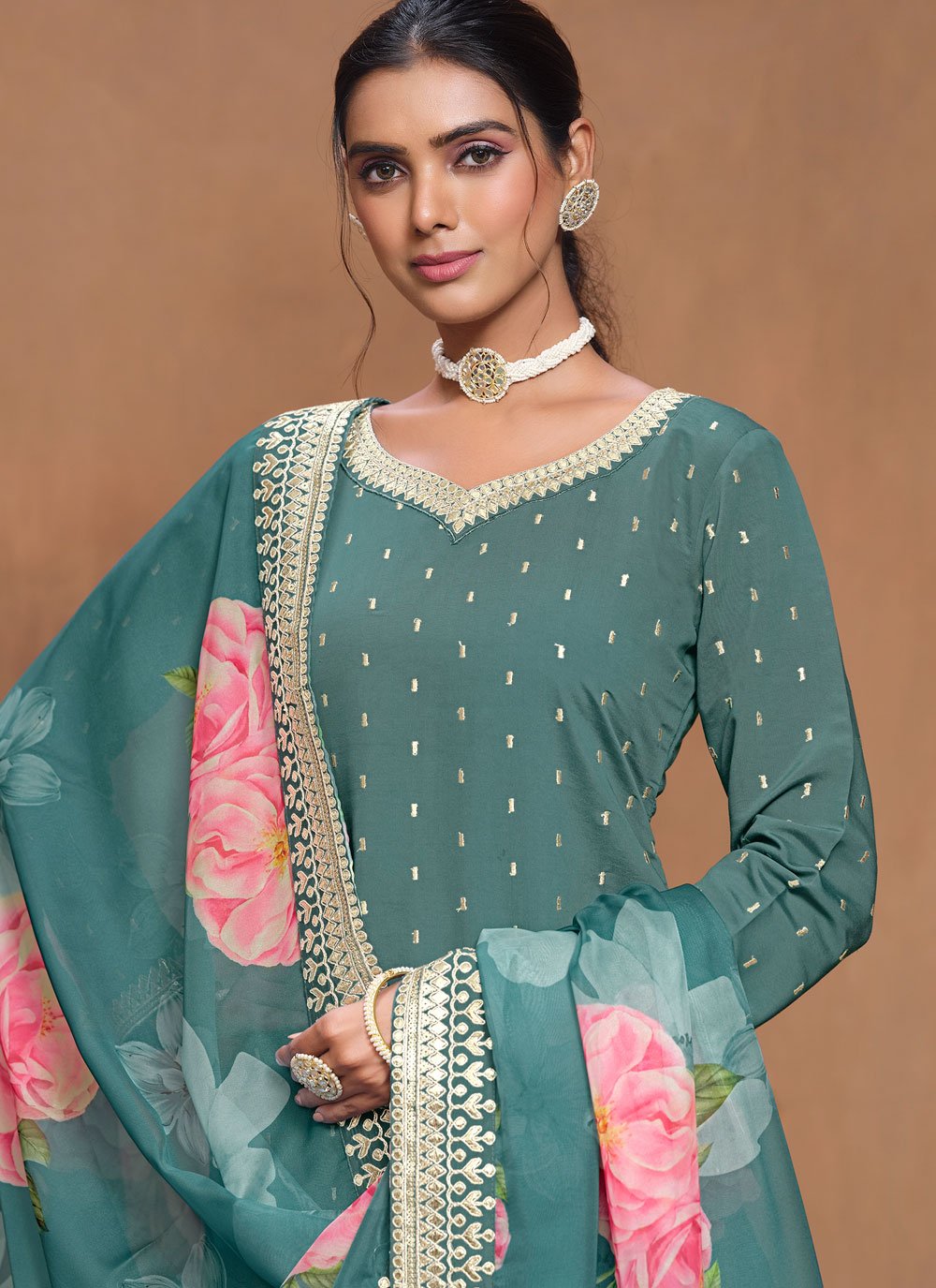 Rama Green Roman Silk Sharara Suit with Gota Patti Work