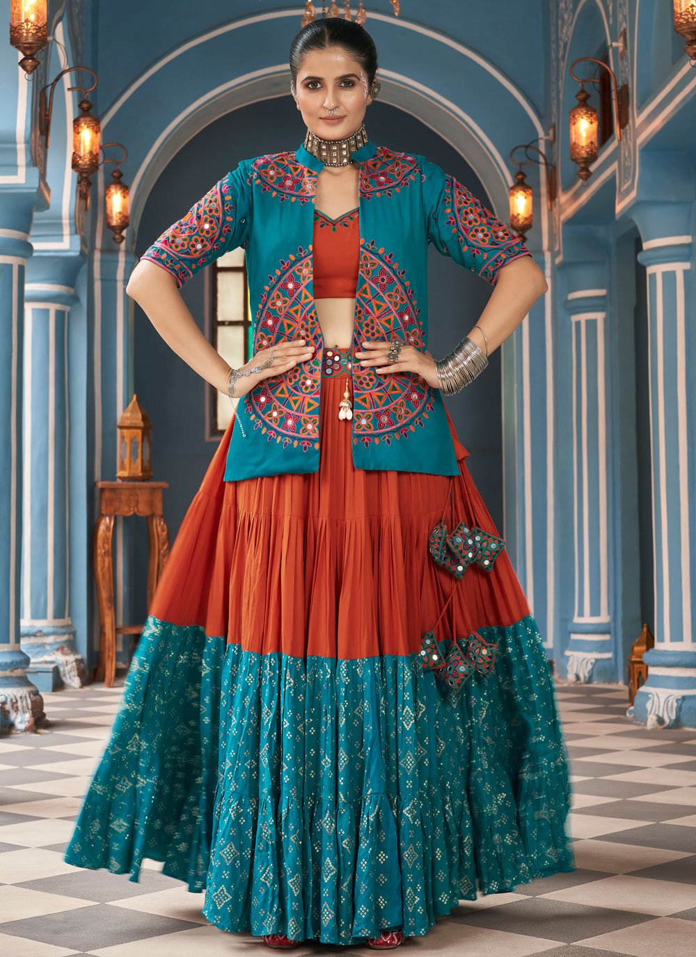 Rama Green Viscose Rayon Navratri Jacket Style Choli with Embroidered Waist Belt and Latkan