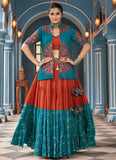 Rama Green Viscose Rayon Navratri Jacket Style Choli with Embroidered Waist Belt and Latkan