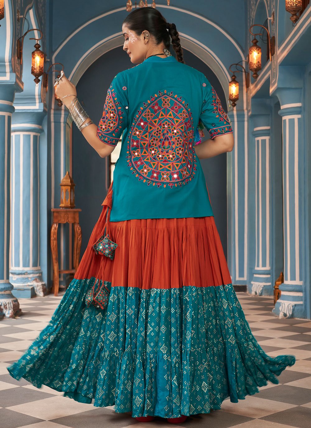 Rama Green Viscose Rayon Navratri Jacket Style Choli with Embroidered Waist Belt and Latkan