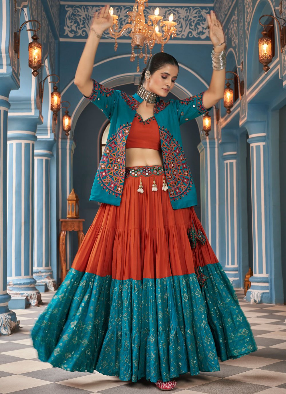 Rama Green Viscose Rayon Navratri Jacket Style Choli with Embroidered Waist Belt and Latkan