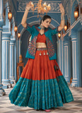 Rama Green Viscose Rayon Navratri Jacket Style Choli with Embroidered Waist Belt and Latkan