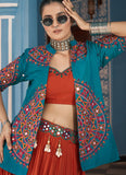 Rama Green Viscose Rayon Navratri Jacket Style Choli with Embroidered Waist Belt and Latkan