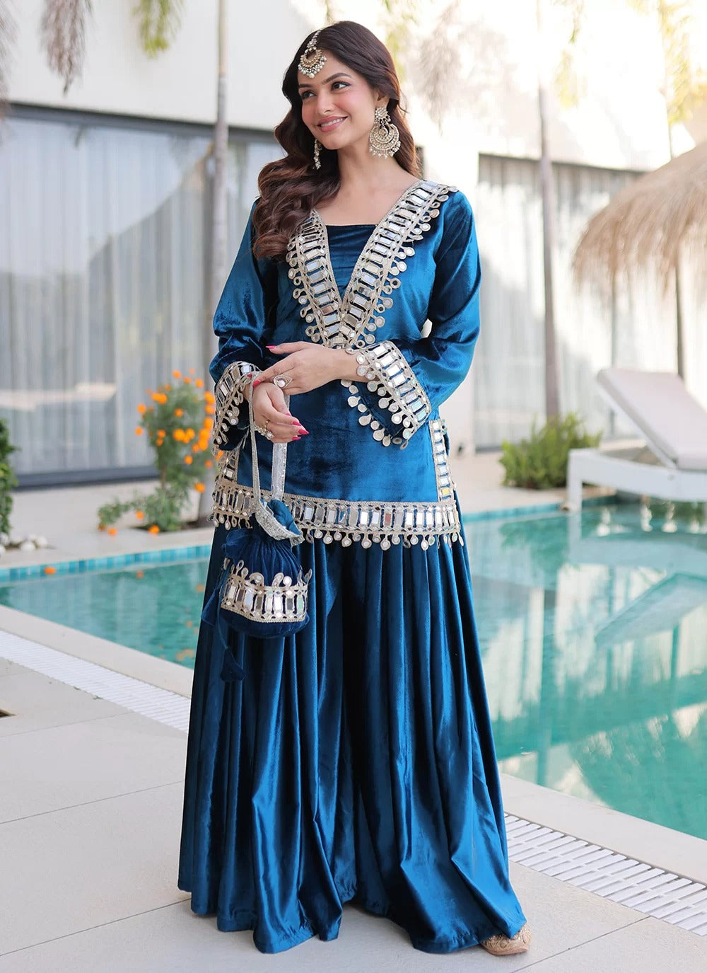 Mirror Work Palazzo Suit for Women | Rama Ice Velvet Set