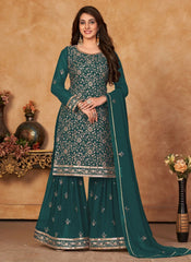 Rama Straight Sharara Salwar Suit Embroidered Faux Georgette