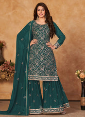 Rama Straight Sharara Salwar Suit Embroidered Faux Georgette