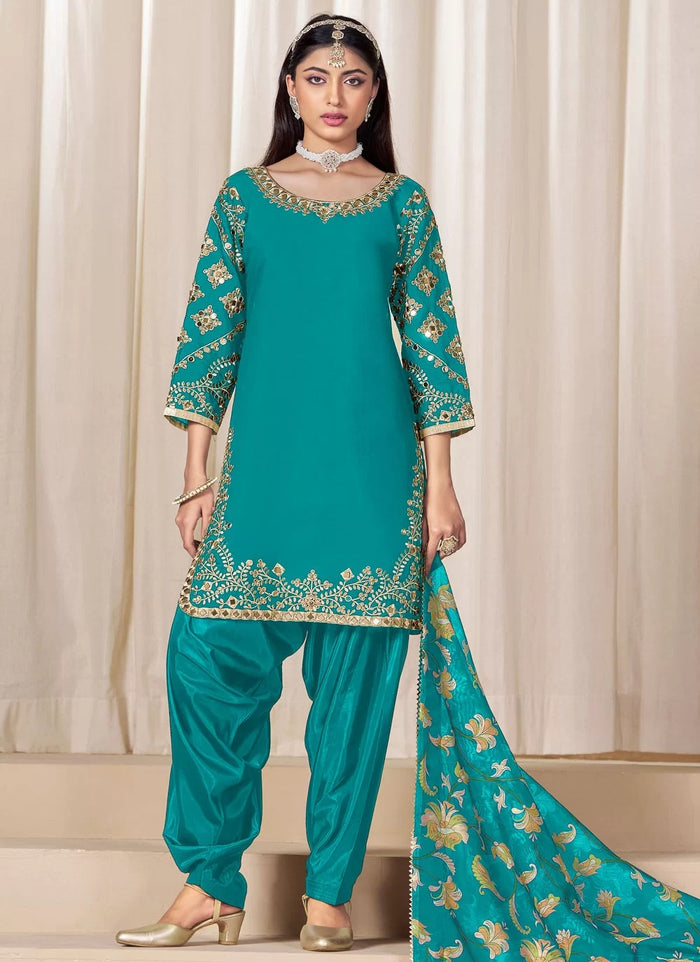 Stylish Rama Glass Work Punjabi Salwar Suit in Chanderi Silk – Online Exclusive