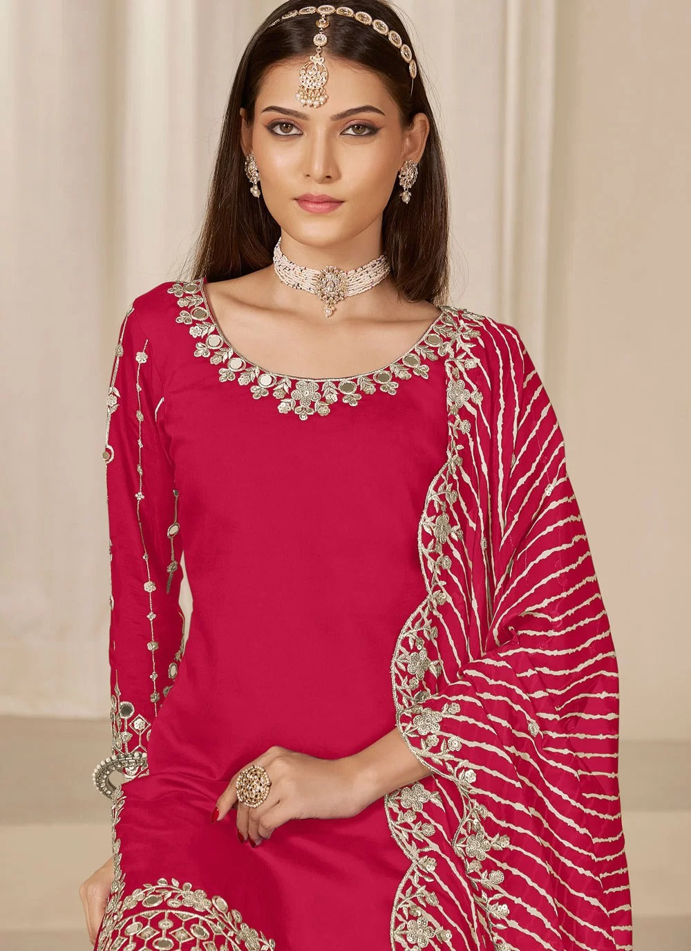 Rani Patiala suit set for women in Chanderi silk with mirror embroidery and organza dupatta