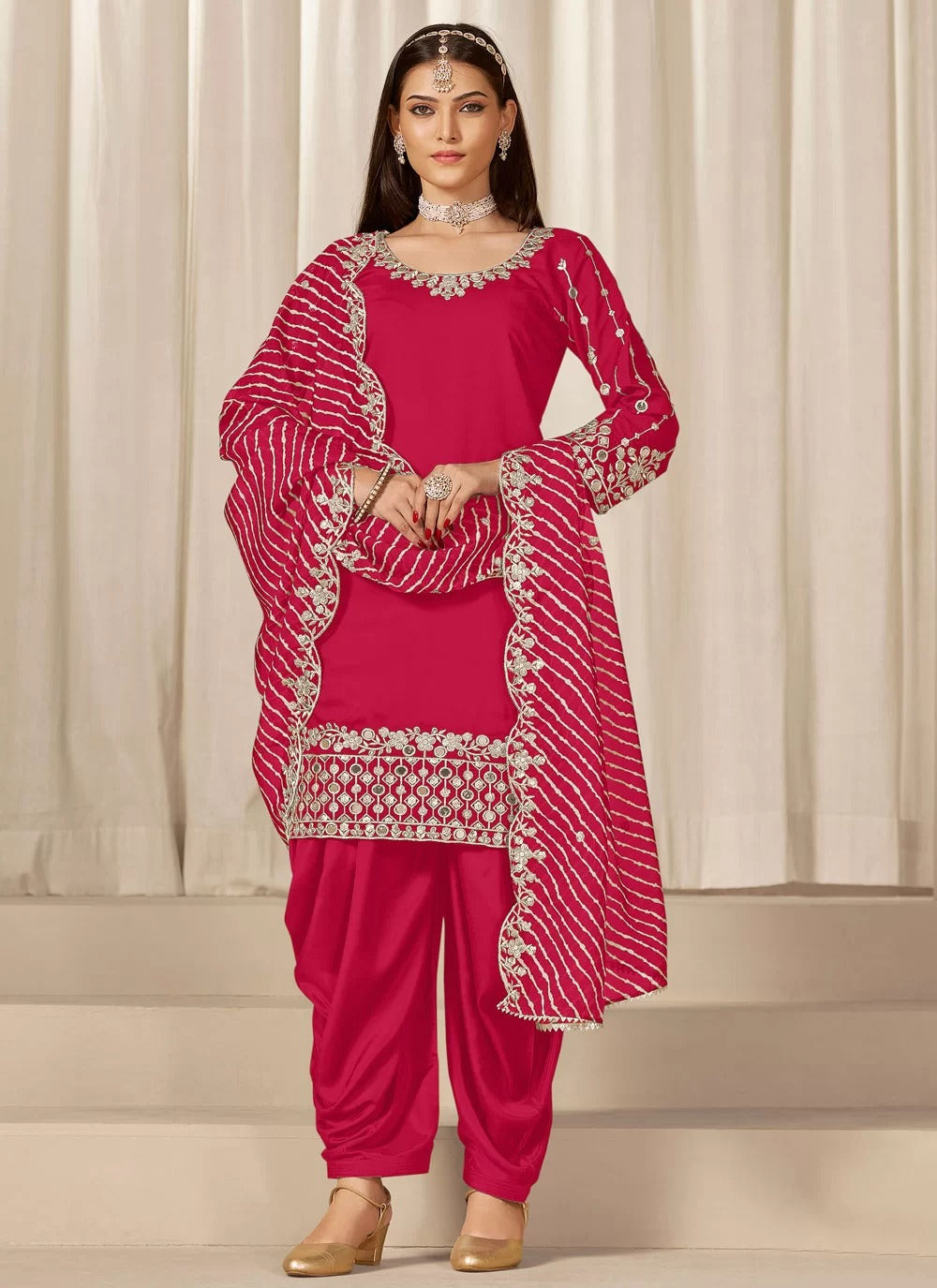 Rani Patiala Suit Set for Women | Mirror Work Chanderi Silk Suit