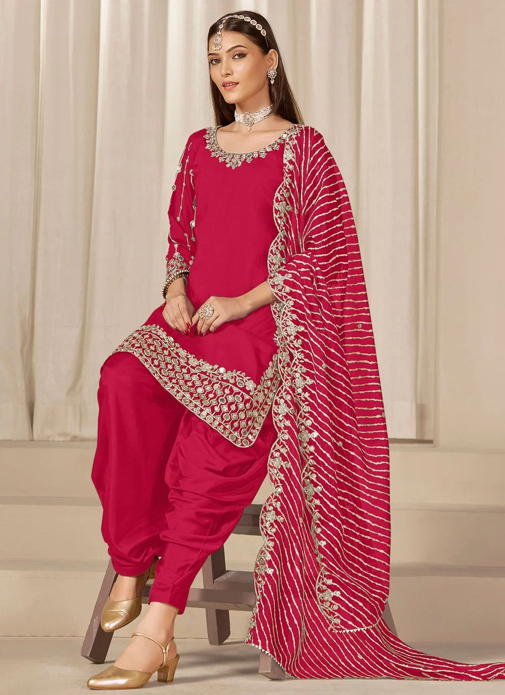 Rani Chanderi Silk Patiala Suit with Mirror Embroidery