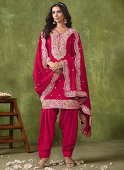 Rani Embroidered Work Chanderi Patiyala Salwar Suit