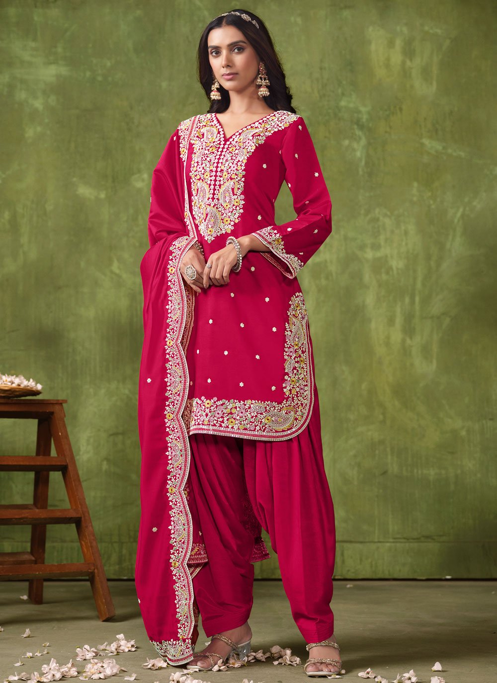 Rani Embroidered Work Chanderi Patiyala Salwar Suit