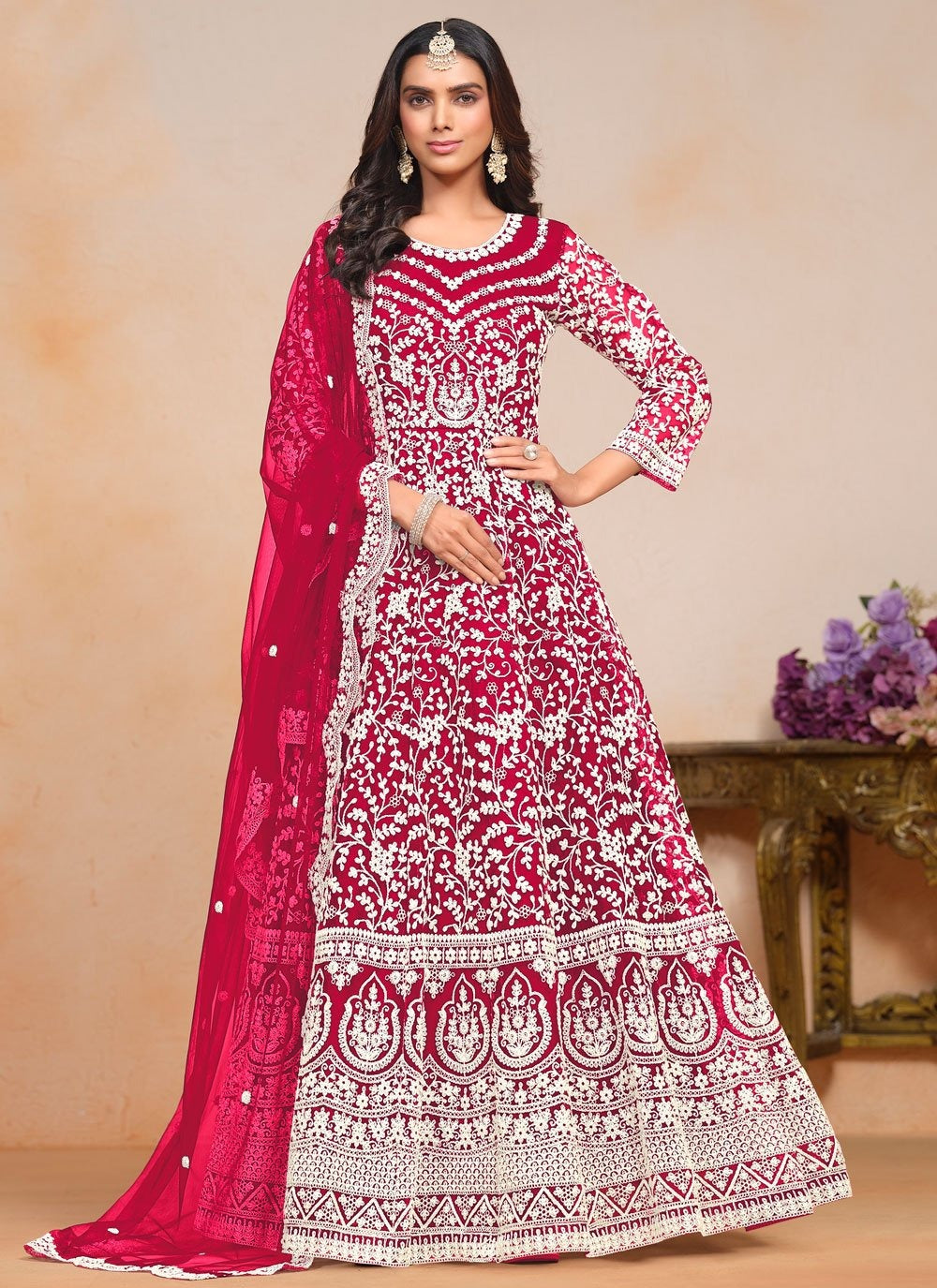 Rani Pink Anarkali Suit | Designer Net Embroidered Dress
