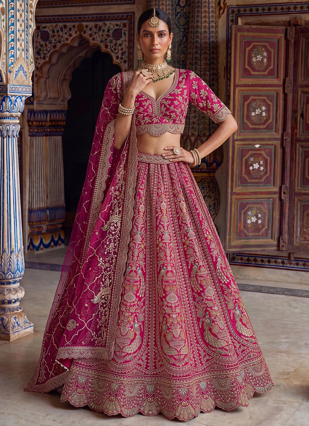 Rani Pink Bridal Lehenga with Peacock Zari Embroidery