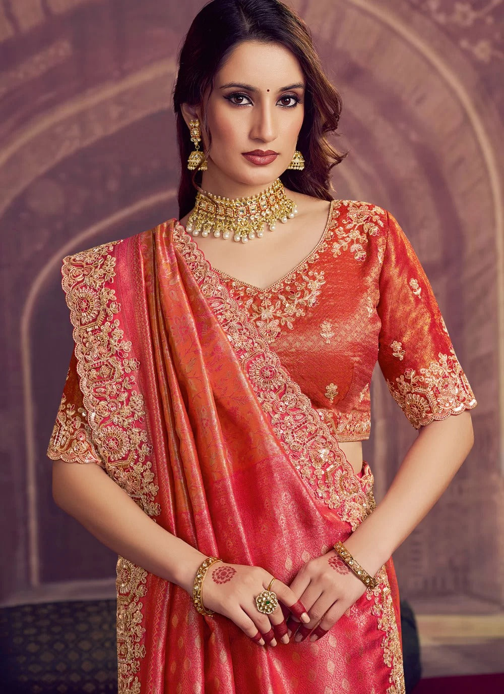 Rani Pink Kanjivaram Pure Zari Silk Wedding Saree with Beads & Sequence Work | Gunj Fashion