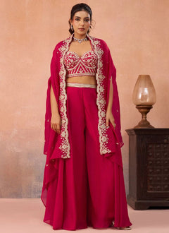Rani pink flared palazzo set with beads embroidered cape