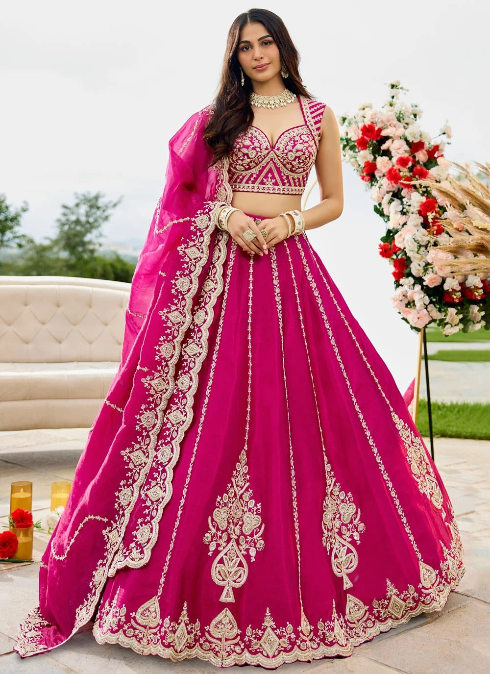 Rani Pink silk wedding lehenga with intricate sequins, coding and thread embroidery