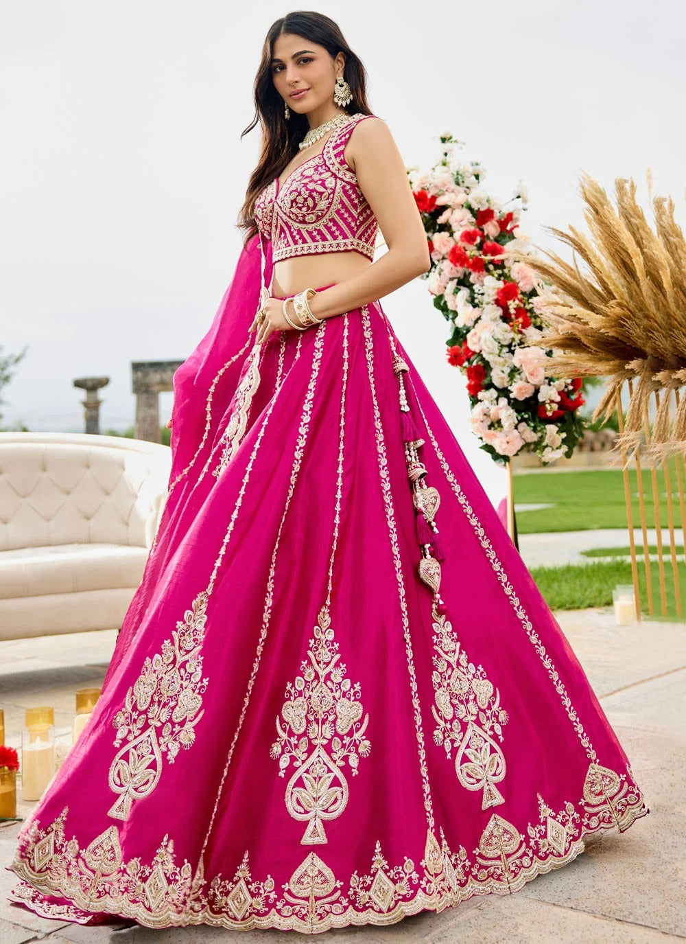 Premium Rani Pink embroidered lehenga with a 4-metre flair and elegant cutwork border.