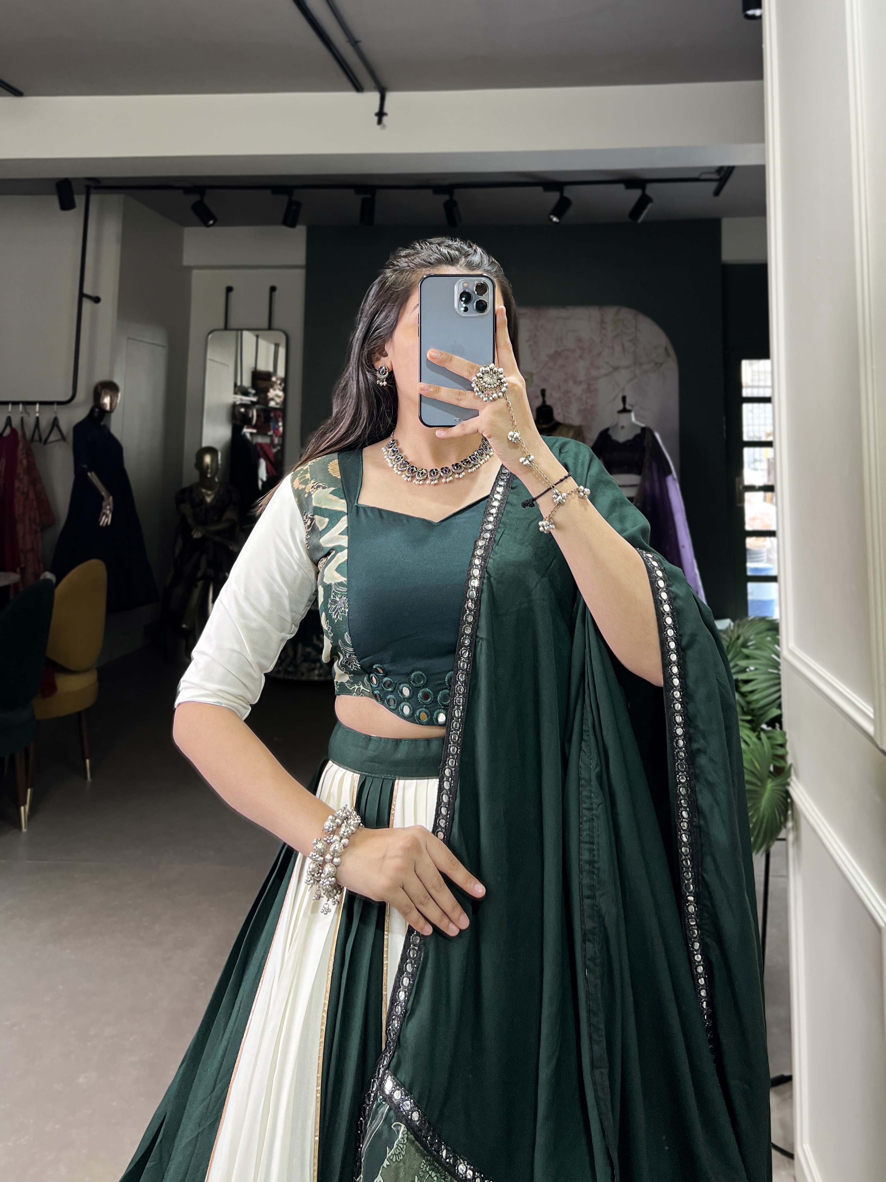 Green Color Plain And Printed With Paper Mirror Work Rayon Lehenga Choli