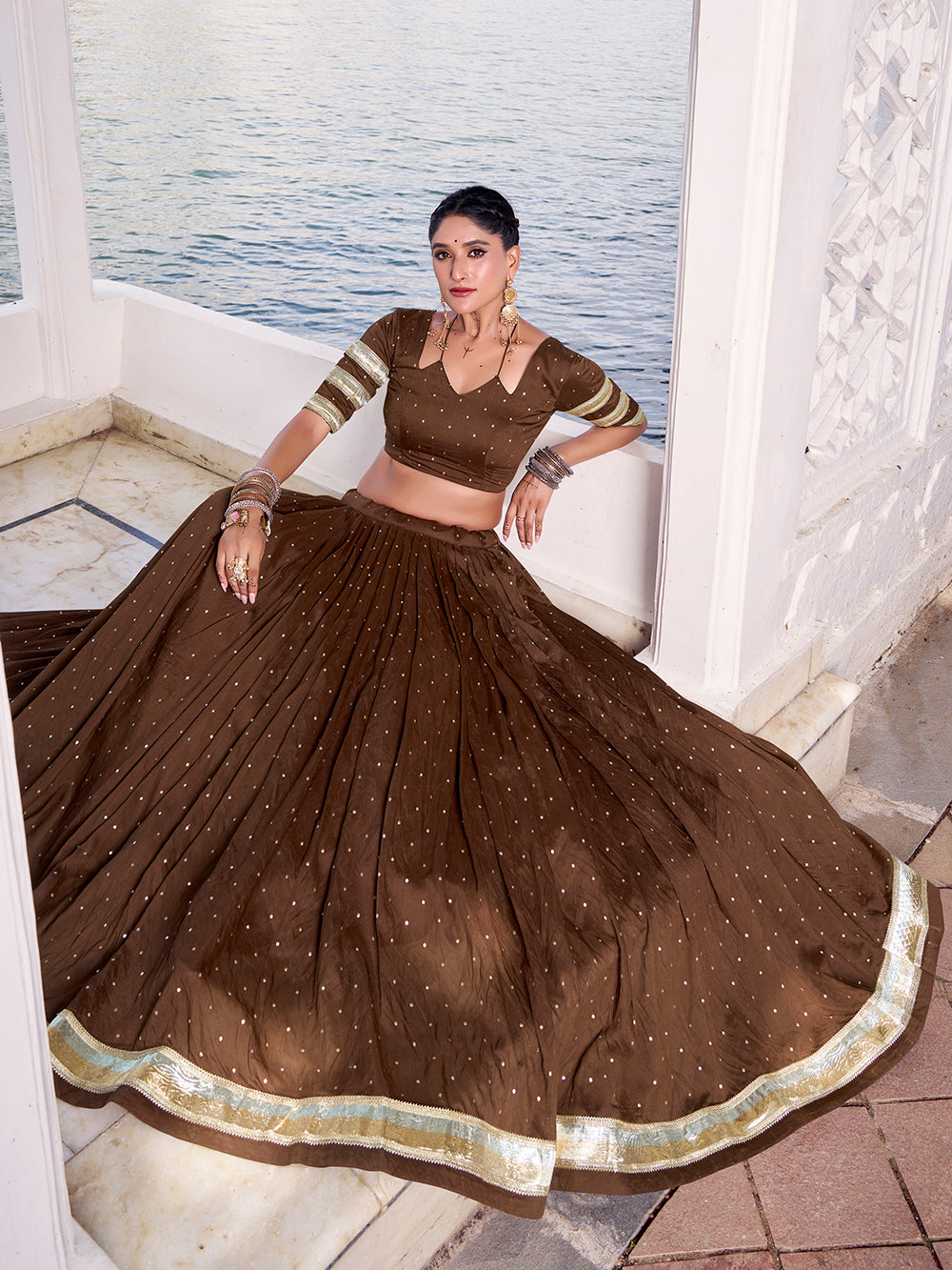 Zari weaving festive lehenga choli in brown