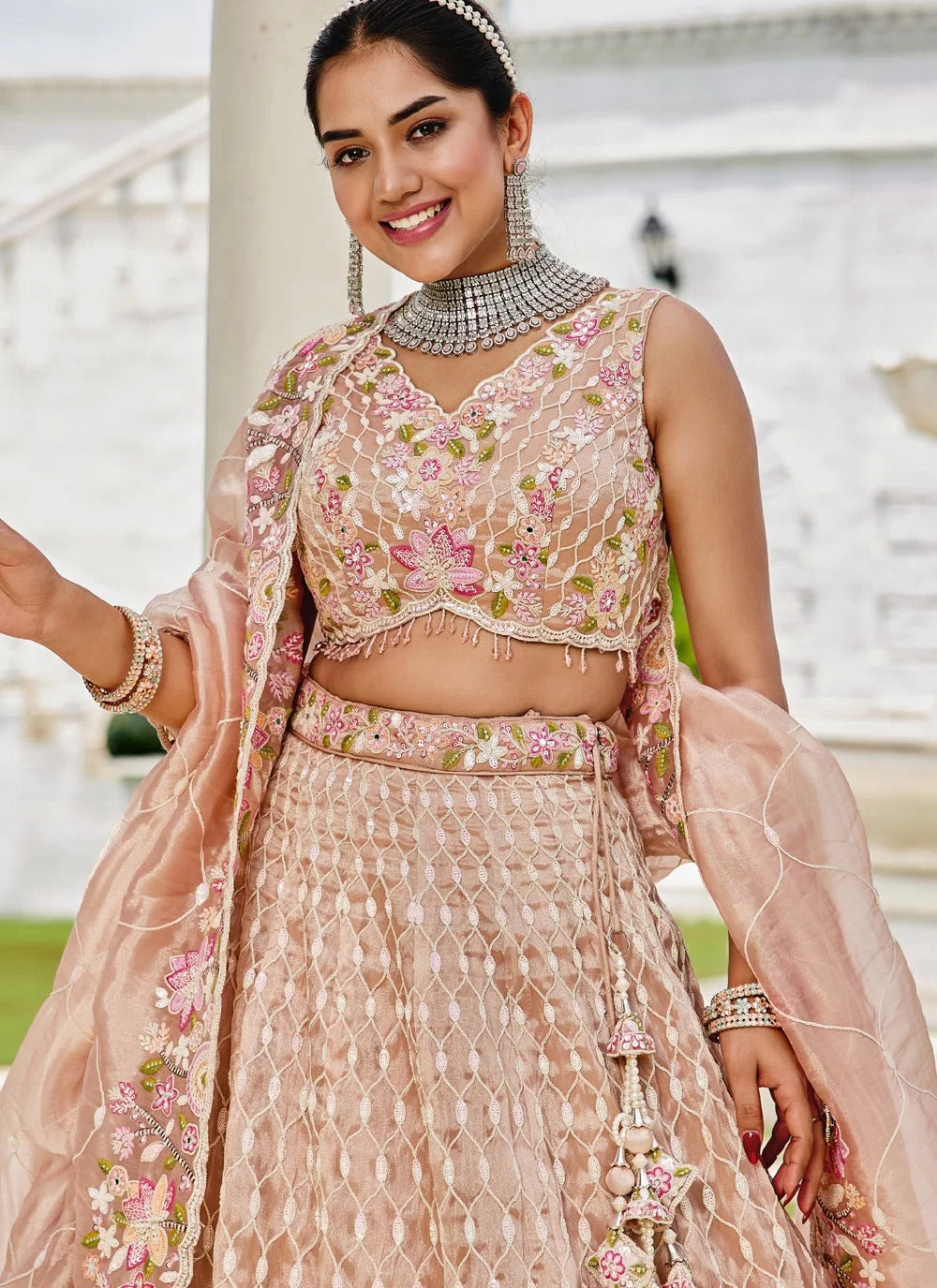 Nude Satin Silk Lehenga with Sequins and Cutwork Border