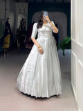 Off White Color Zari Weaving Work Kanjivaram Gown