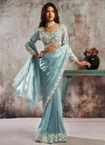 Party wear ice blue ready to wear saree with stitched blouse and belt