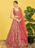 Real Mirror and Thread Embroidered Organza Lehenga In Brown