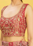 Real Mirror and Thread Embroidered Organza Lehenga In Brown