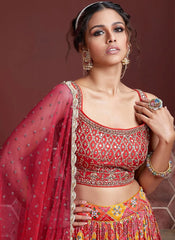 Red and mustard embroidered Lehenga With square neck sleeveless Blouse