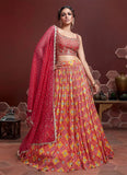 Red and mustard embroidered Lehenga With square neck sleeveless Blouse