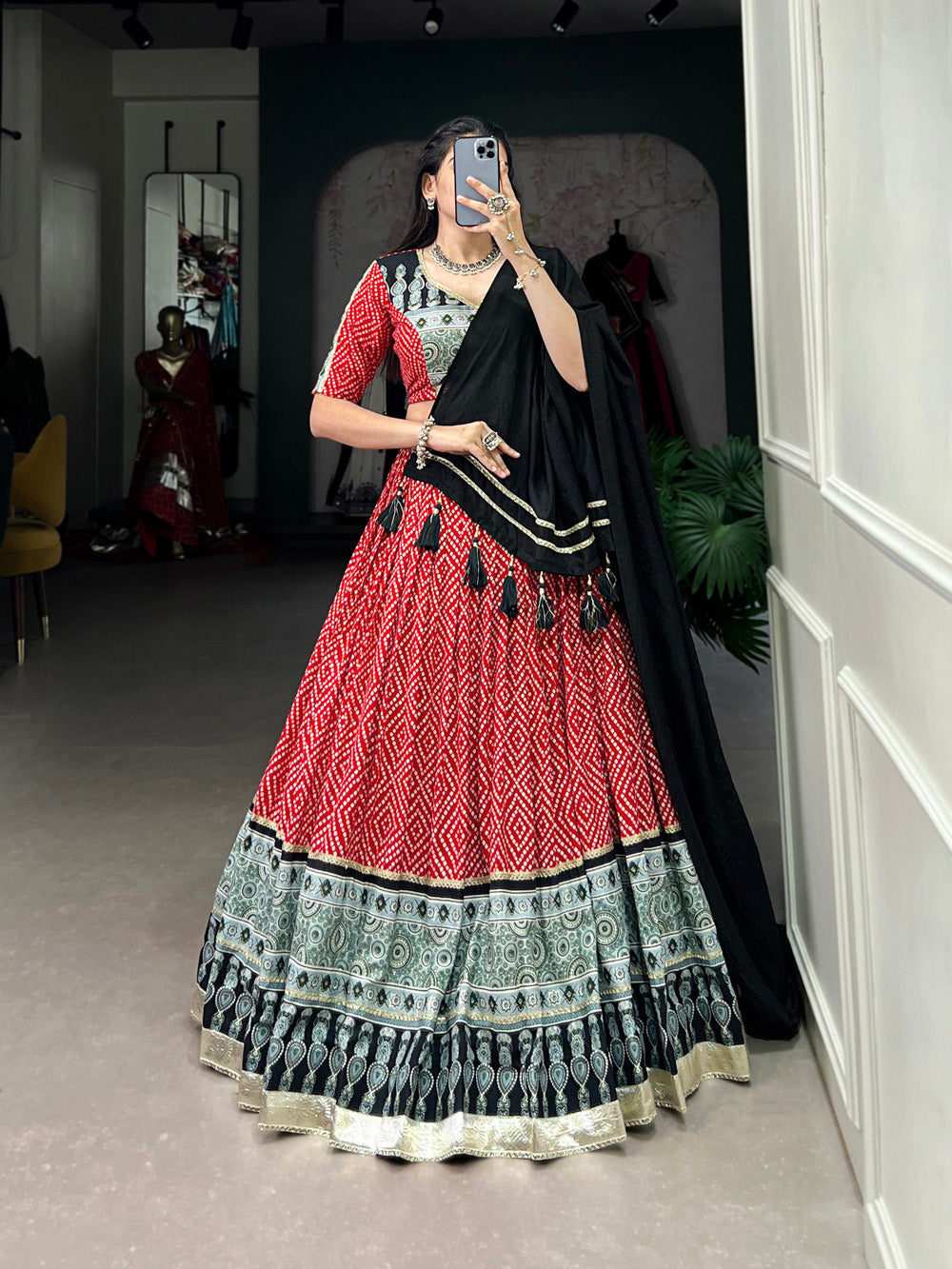 Red Color Bandhej And Ajarakh Print With Gota Lace Border Rayon Chaniya Choli
